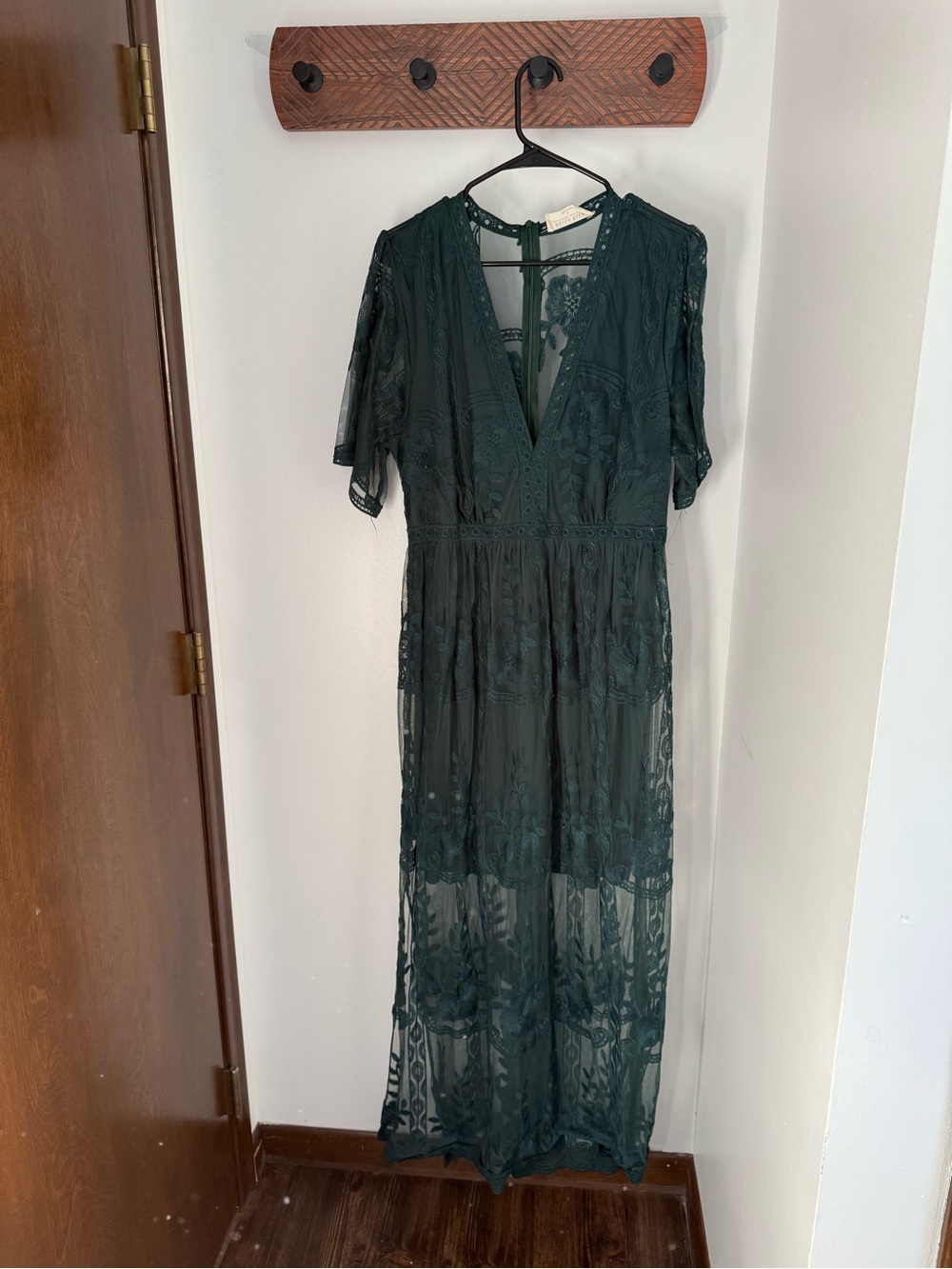 Lace V-Neck Maxi Dress in Deep Green